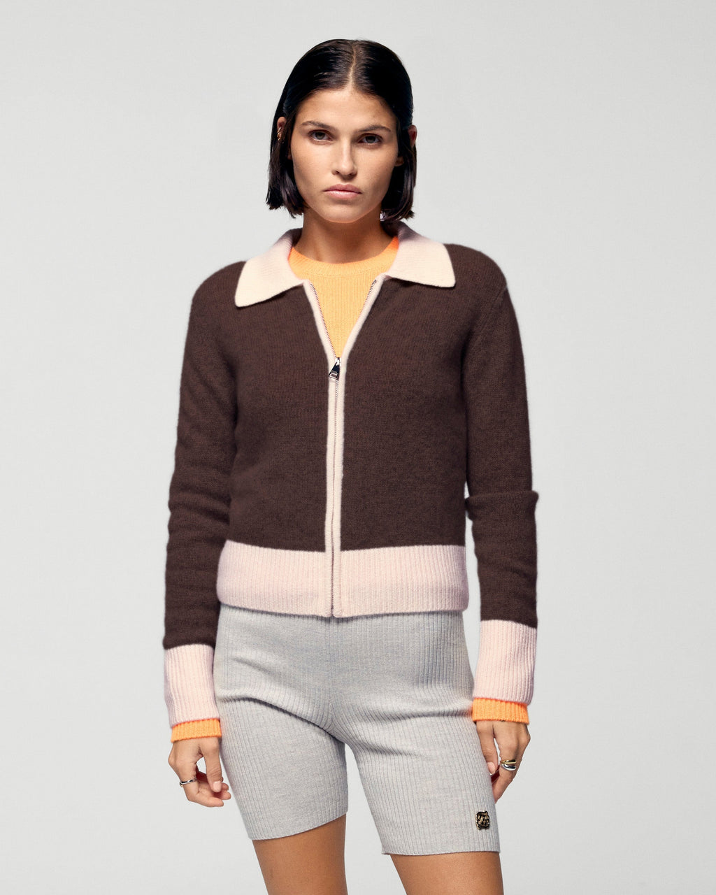 Jersey tipo cárdigan con bordes en contraste - Chocolate - Mujer