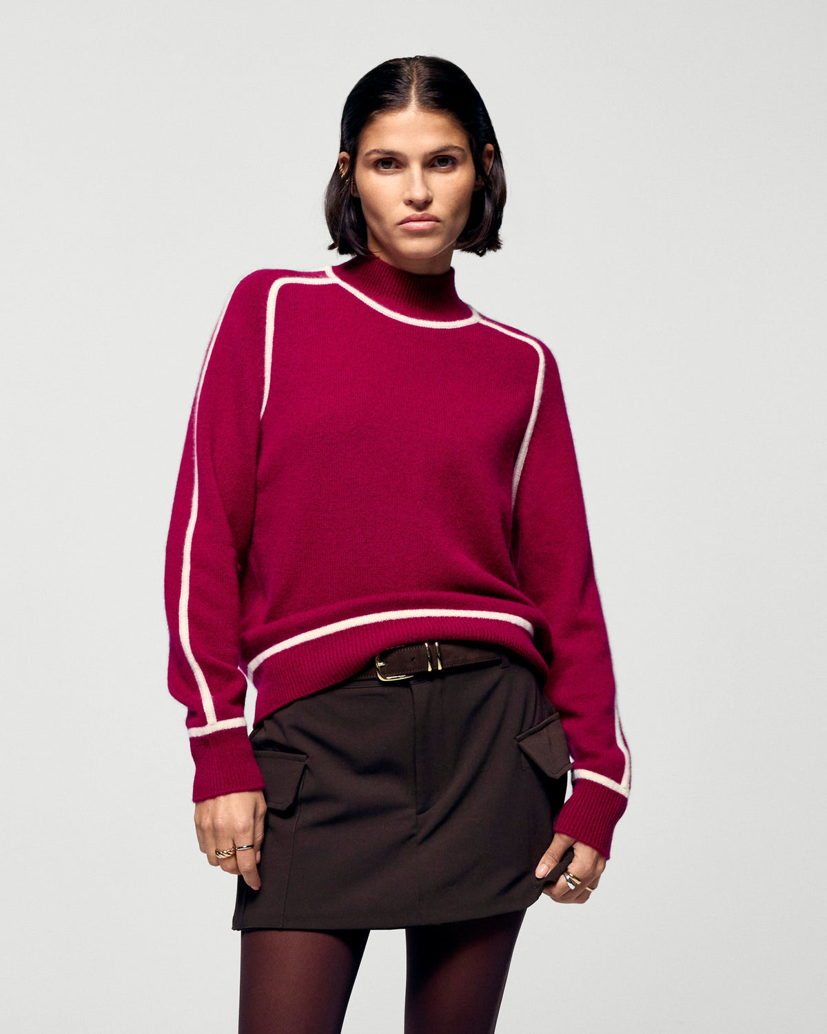 High-Neck Jumper with Contrasting Piping - Solar Burgundy - Women