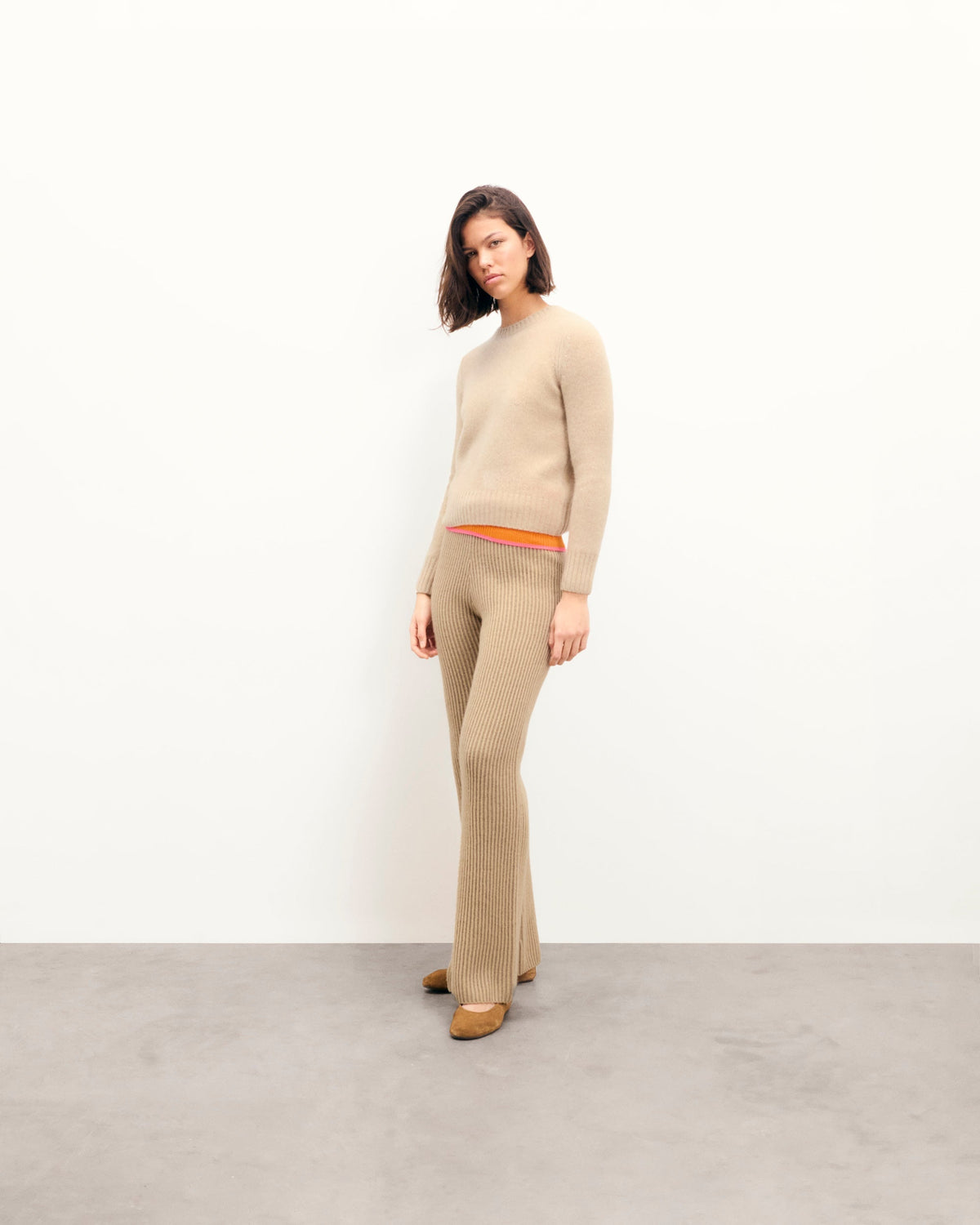 Cropped Round-Neck Jumper - Mottled Beige - Women