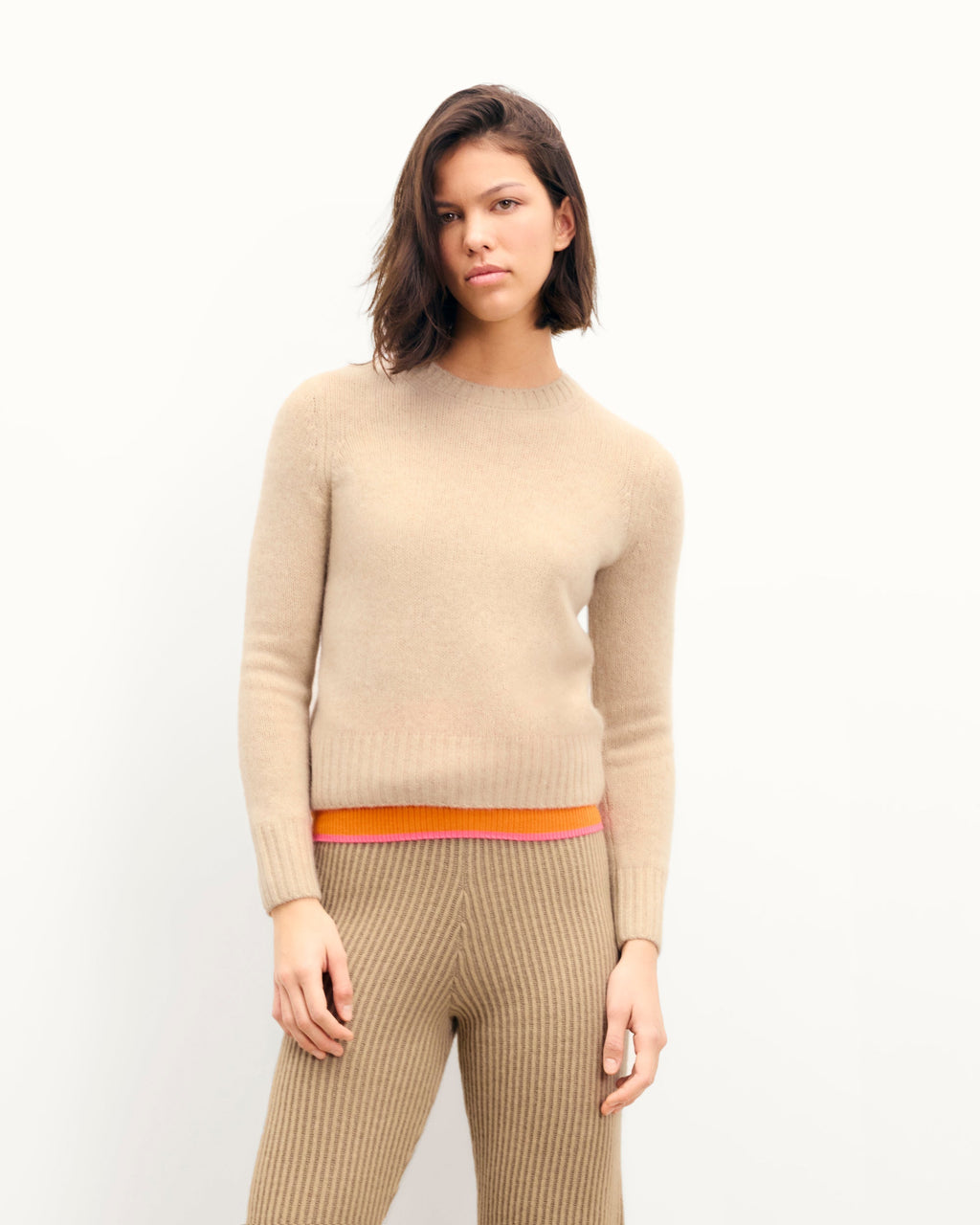 Cropped Round-Neck Jumper - Mottled Beige - Women