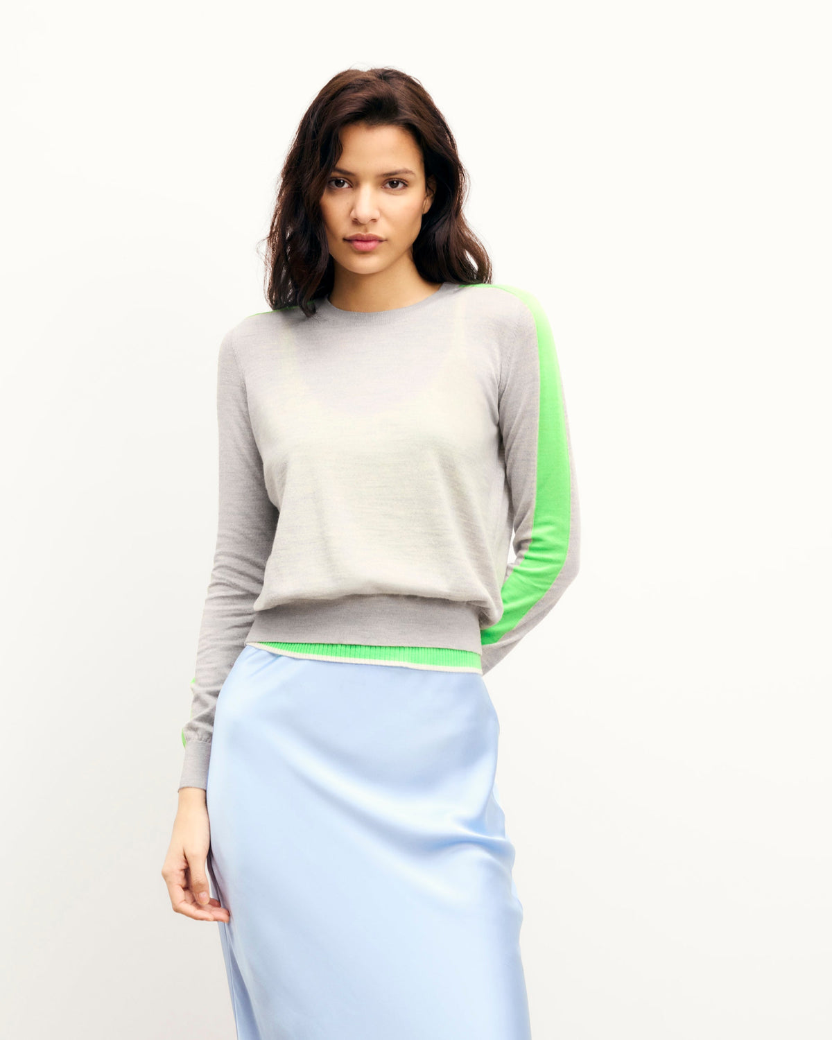 Crew Neck Striped Jumper - Light Grey Mélange - Women