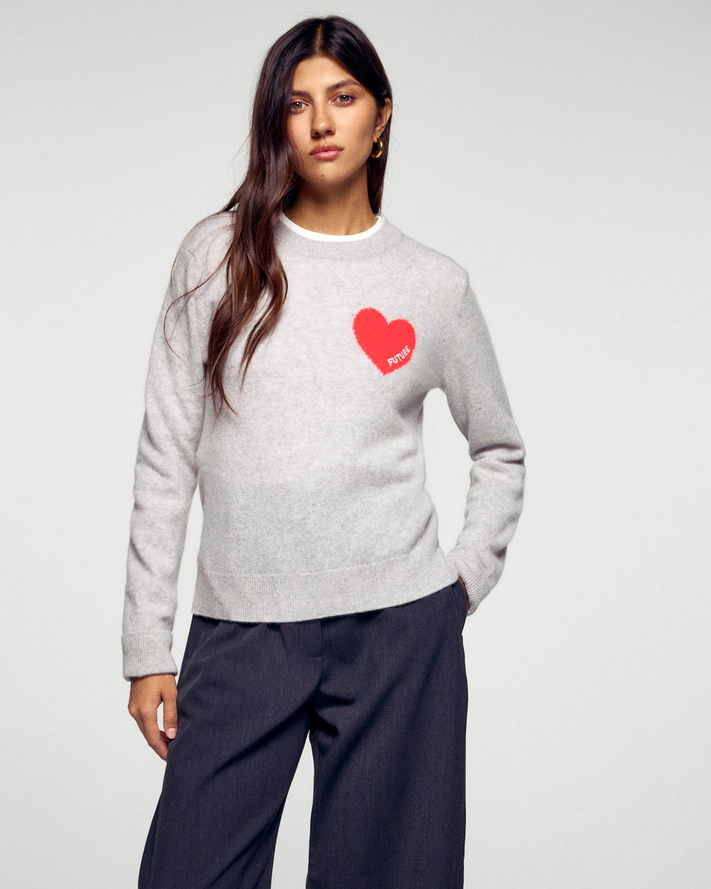 Jersey de Cuello Redondo Corazón Bordado Future - Gris Jaspeado Claro - Mujer