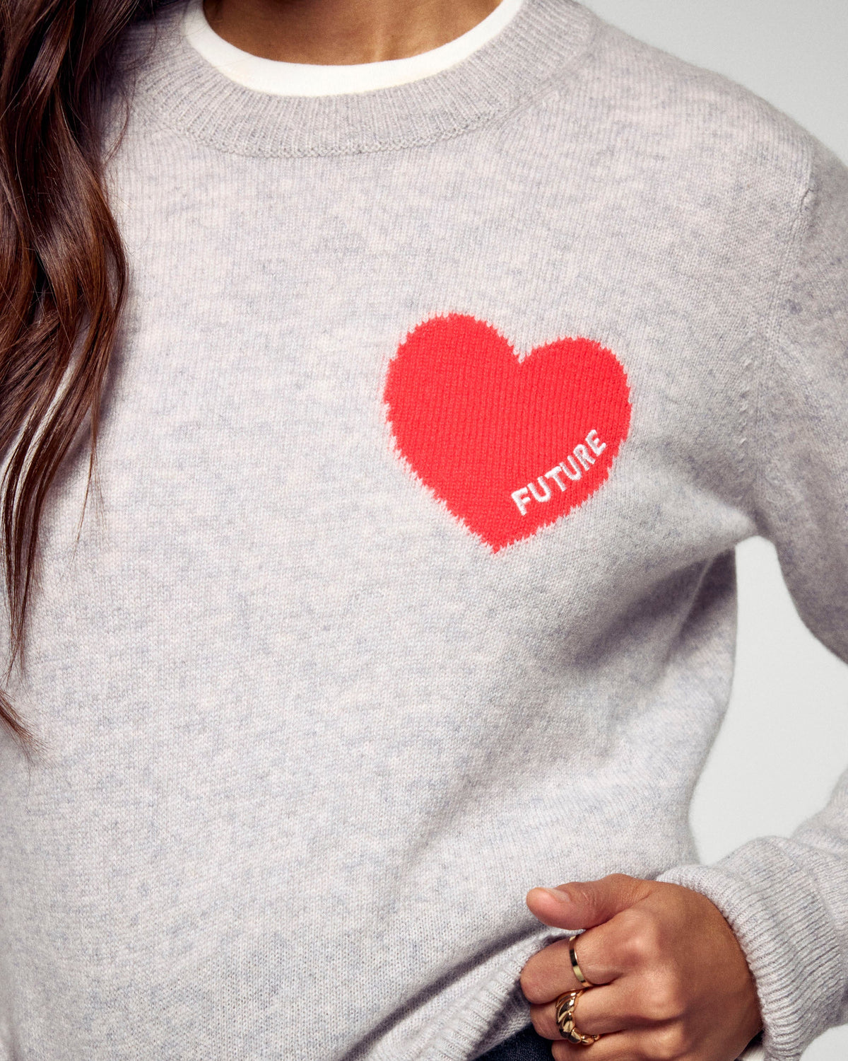 Jersey de Cuello Redondo Corazón Bordado Future - Gris Jaspeado Claro - Mujer
