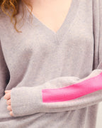 Oversized V-Neck Striped Jumper - Light Mottled Grey - Women