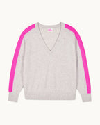 Oversized V-Neck Striped Jumper - Light Mottled Grey - Women