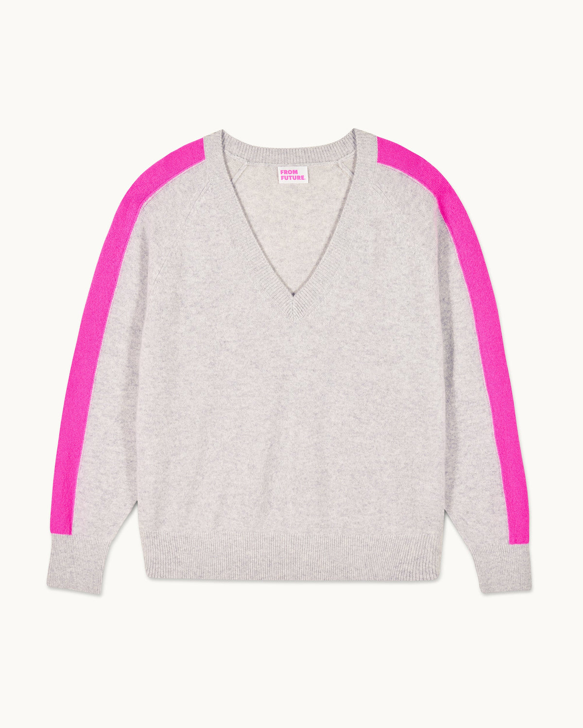 Oversized V-Neck Striped Jumper - Light Mottled Grey - Women