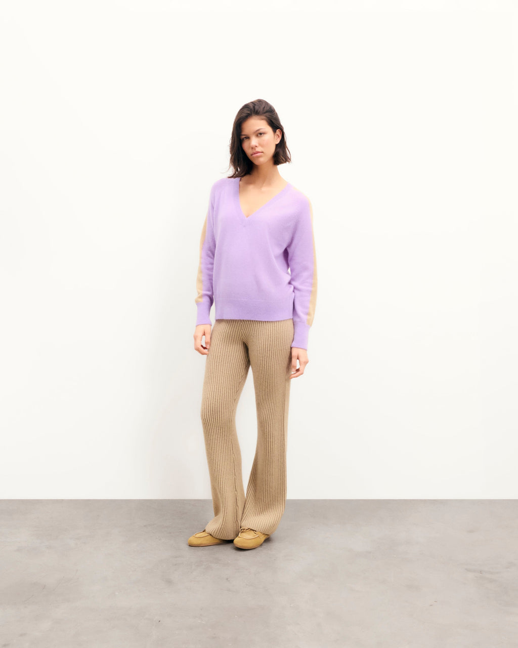 Maglione Scollo a V Oversize con Bande - Fantasy Lilac - Donna