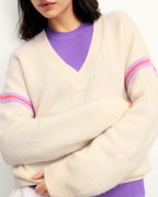 Jersey de cuello en V con rayas bicolores en las mangas - Crudo - Mujer