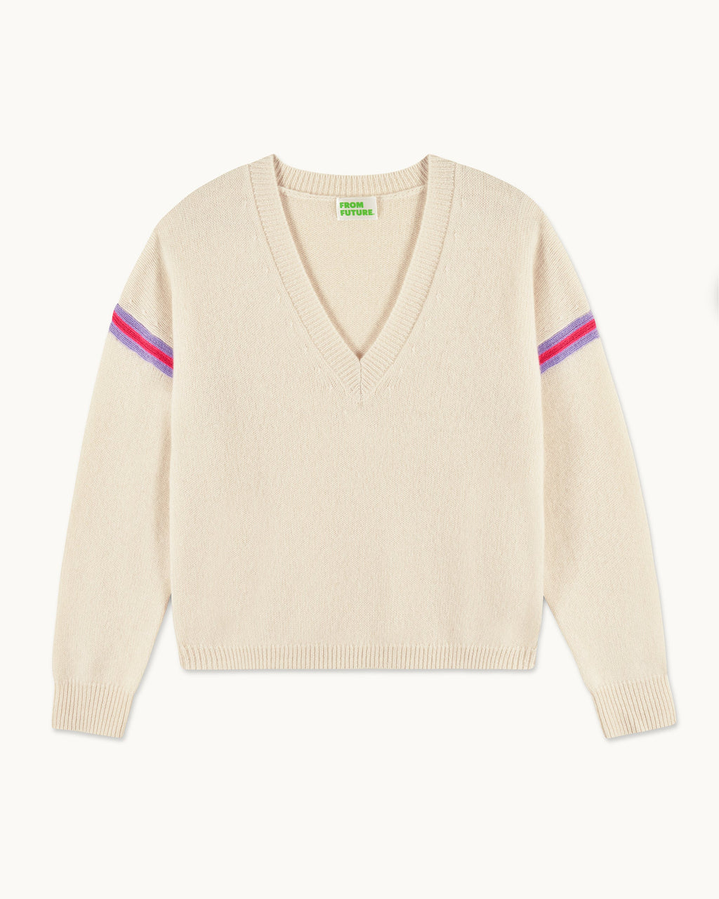 Jersey de cuello en V con rayas bicolores en las mangas - Crudo - Mujer