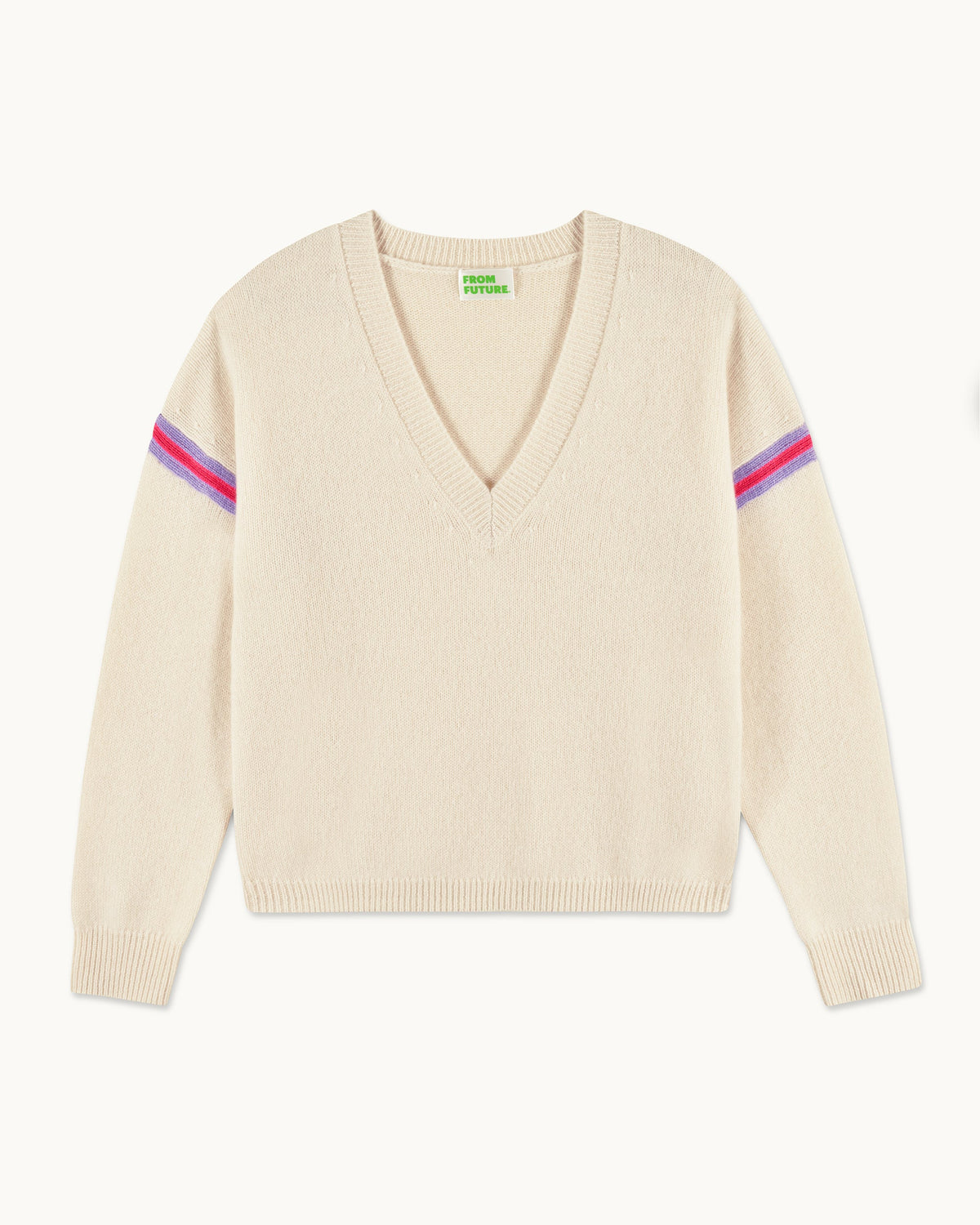 Jersey de cuello en V con rayas bicolores en las mangas - Crudo - Mujer