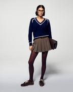 Pull Col V Liserés Contrastés - Navy - Femme