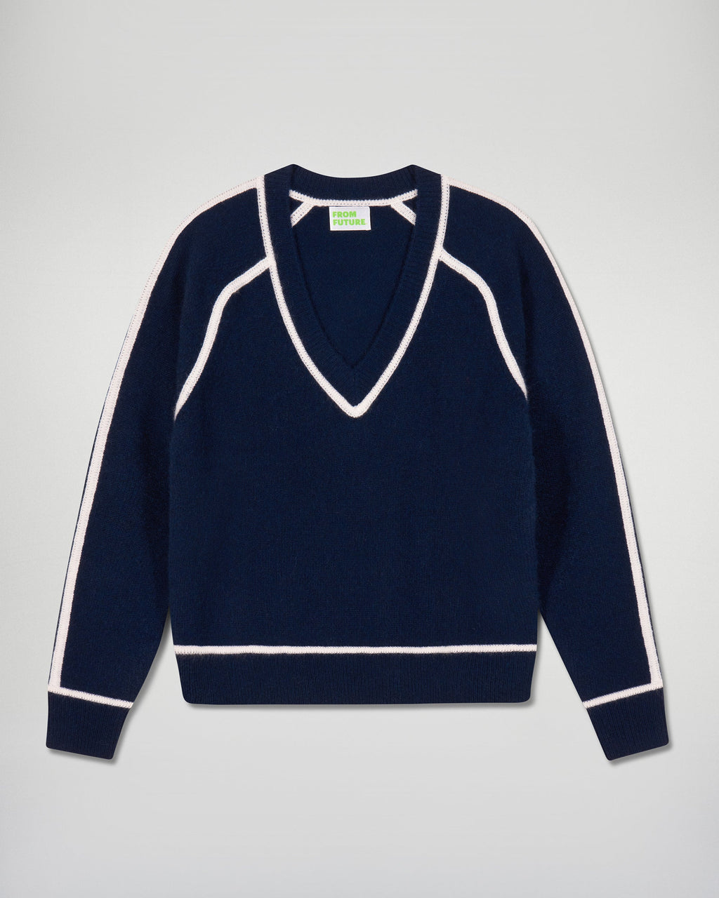 Pull Col V Liserés Contrastés - Navy - Femme