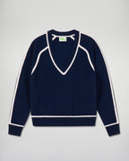 Pull Col V Liserés Contrastés - Navy - Femme