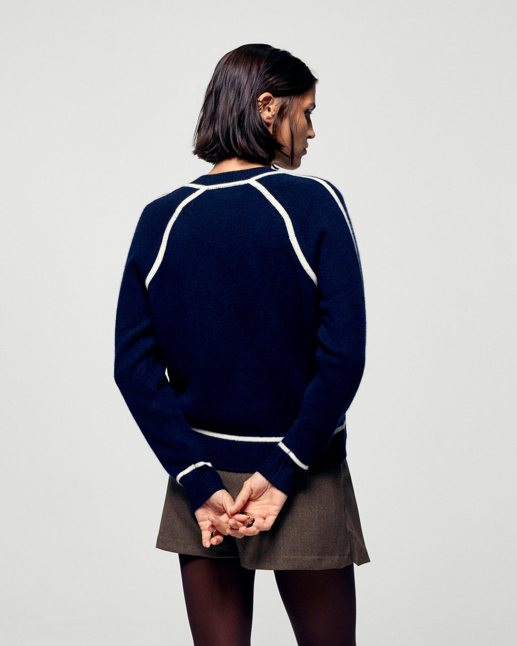 Pull Col V Liserés Contrastés - Navy - Femme