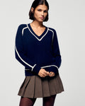 Pull Col V Liserés Contrastés - Navy - Femme