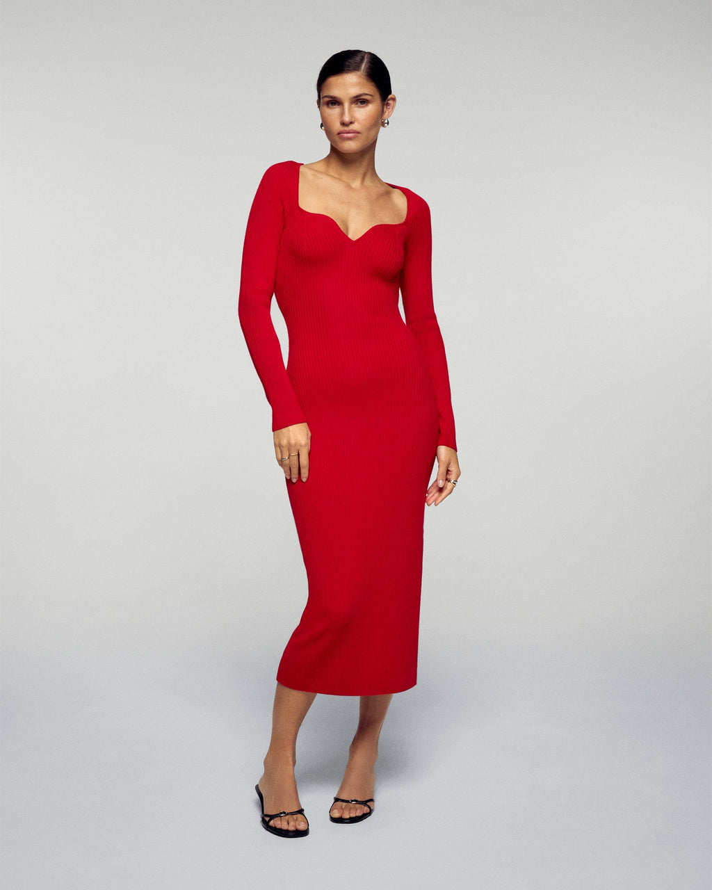 Vestido de manga larga con escote corazón - Rojo intenso - Mujer