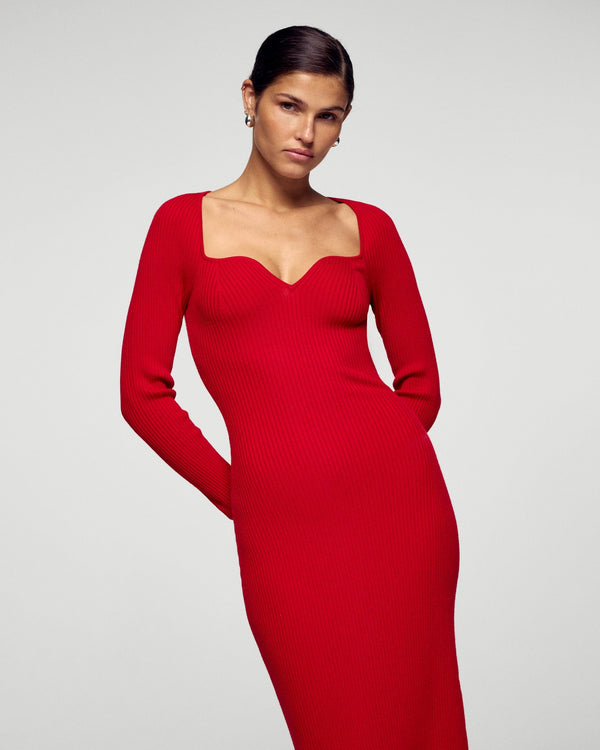 Long-Sleeve Sweetheart-Neckline Dress - Hot Red - Women