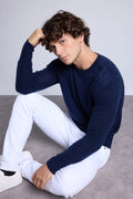 Jersey de cuello redondo con inserto efecto ante Philippe - Azul marino - Hombre