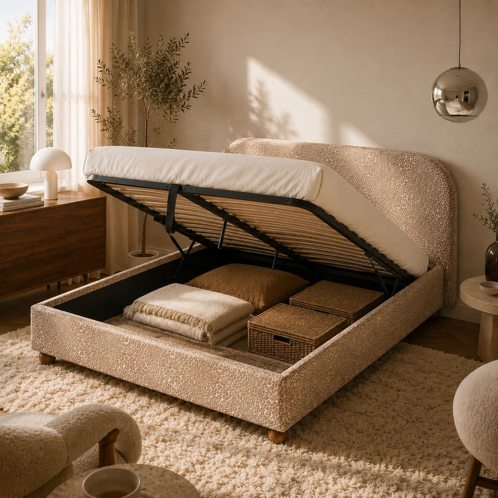 Pilka - Lit Coffre - Tissu Jacquard Léopard - Beige