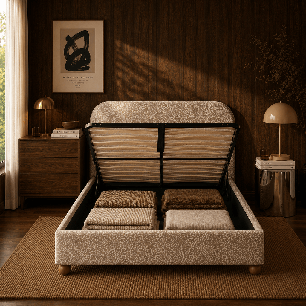 Pilka - Lit Coffre - Tissu Jacquard Léopard - Beige