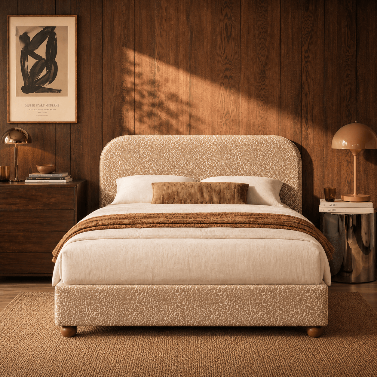 Pilka - Lit Coffre - Tissu Jacquard Léopard - Beige