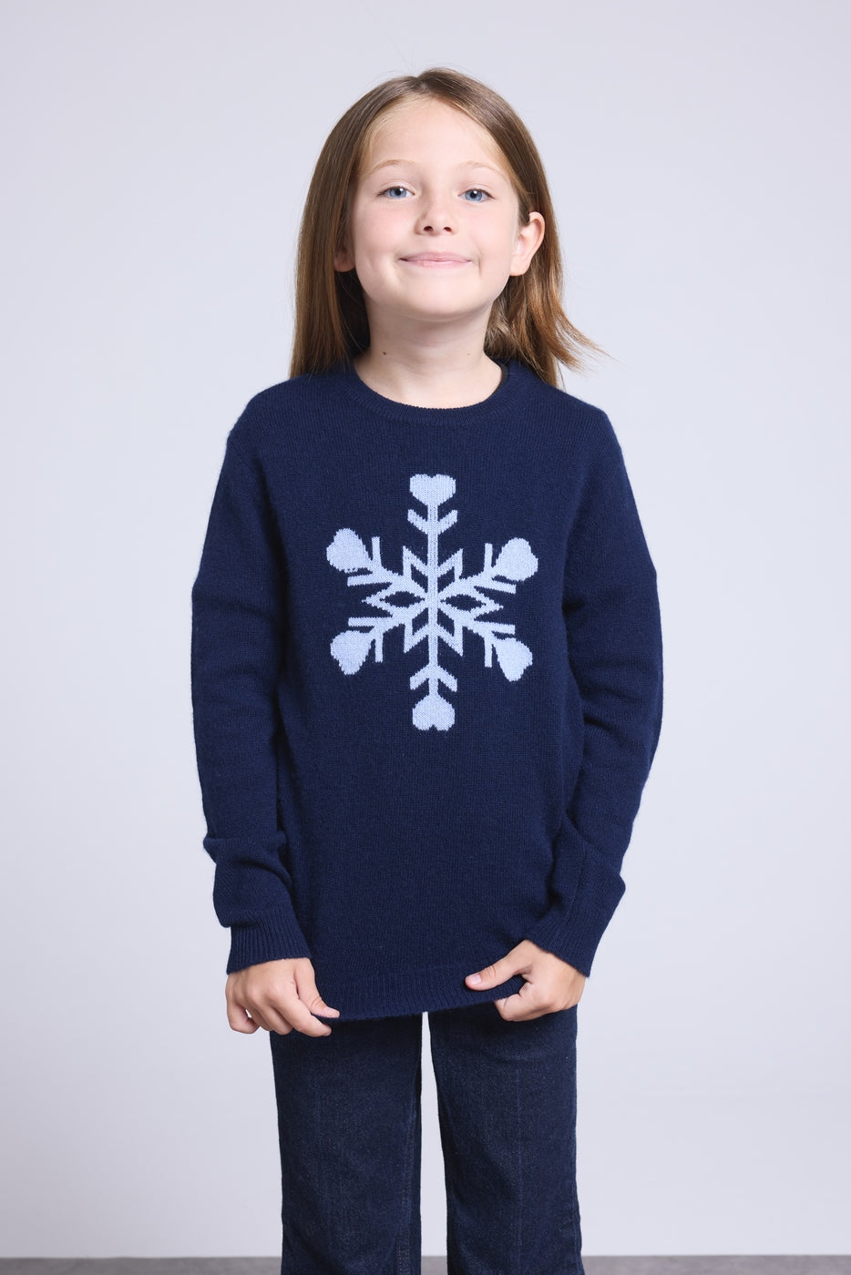 Pull Col Rond Gros Flocon Poirot - Bleu Marine Bleu Ciel - Enfant