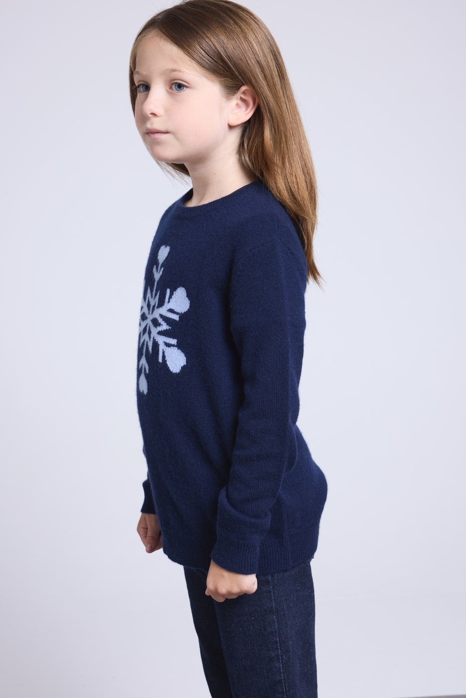 Pull Col Rond Gros Flocon Poirot - Bleu Marine Bleu Ciel - Enfant