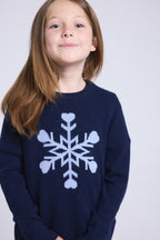 Pull Col Rond Gros Flocon Poirot - Bleu Marine Bleu Ciel - Enfant