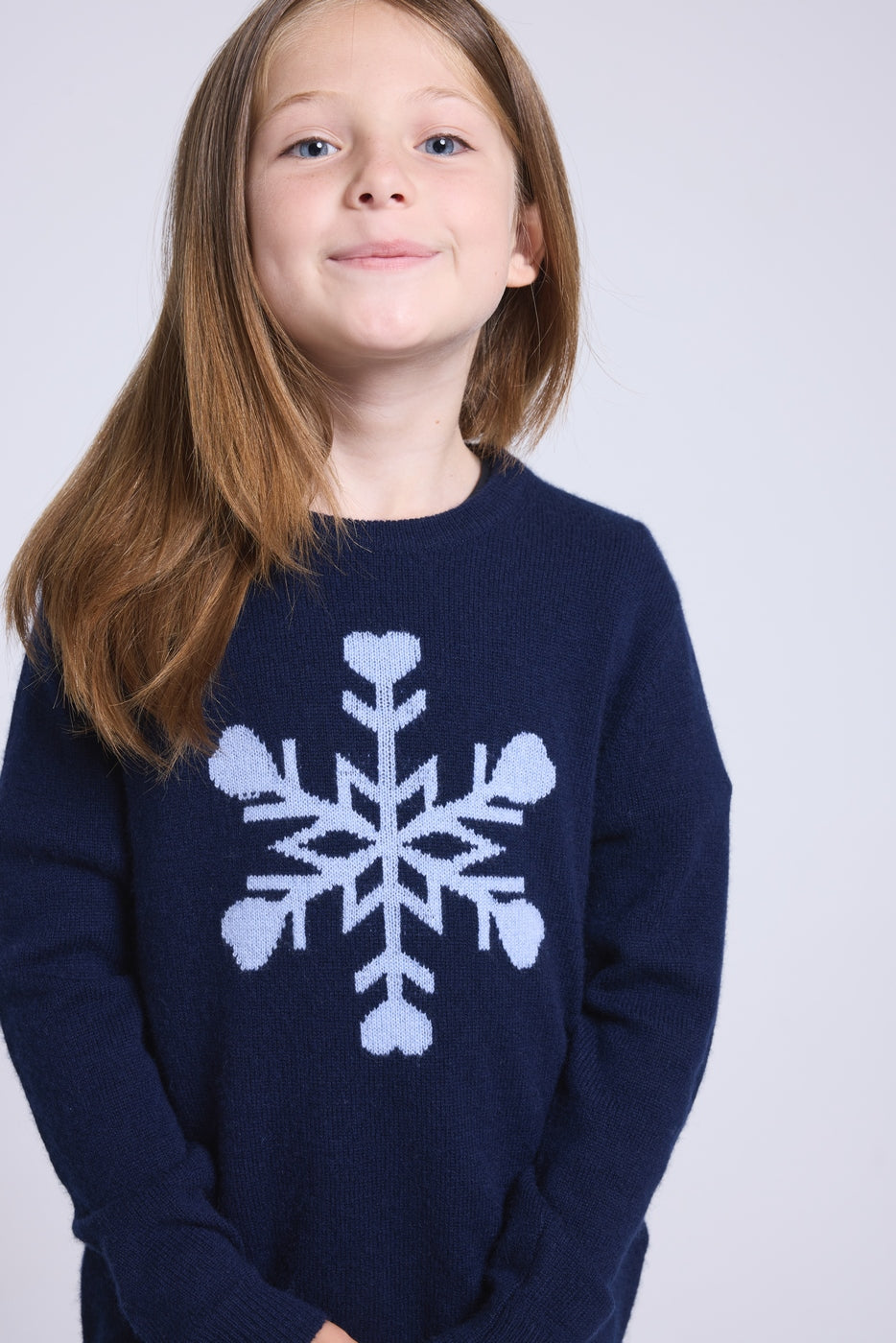Pull Col Rond Gros Flocon Poirot - Bleu Marine Bleu Ciel - Enfant