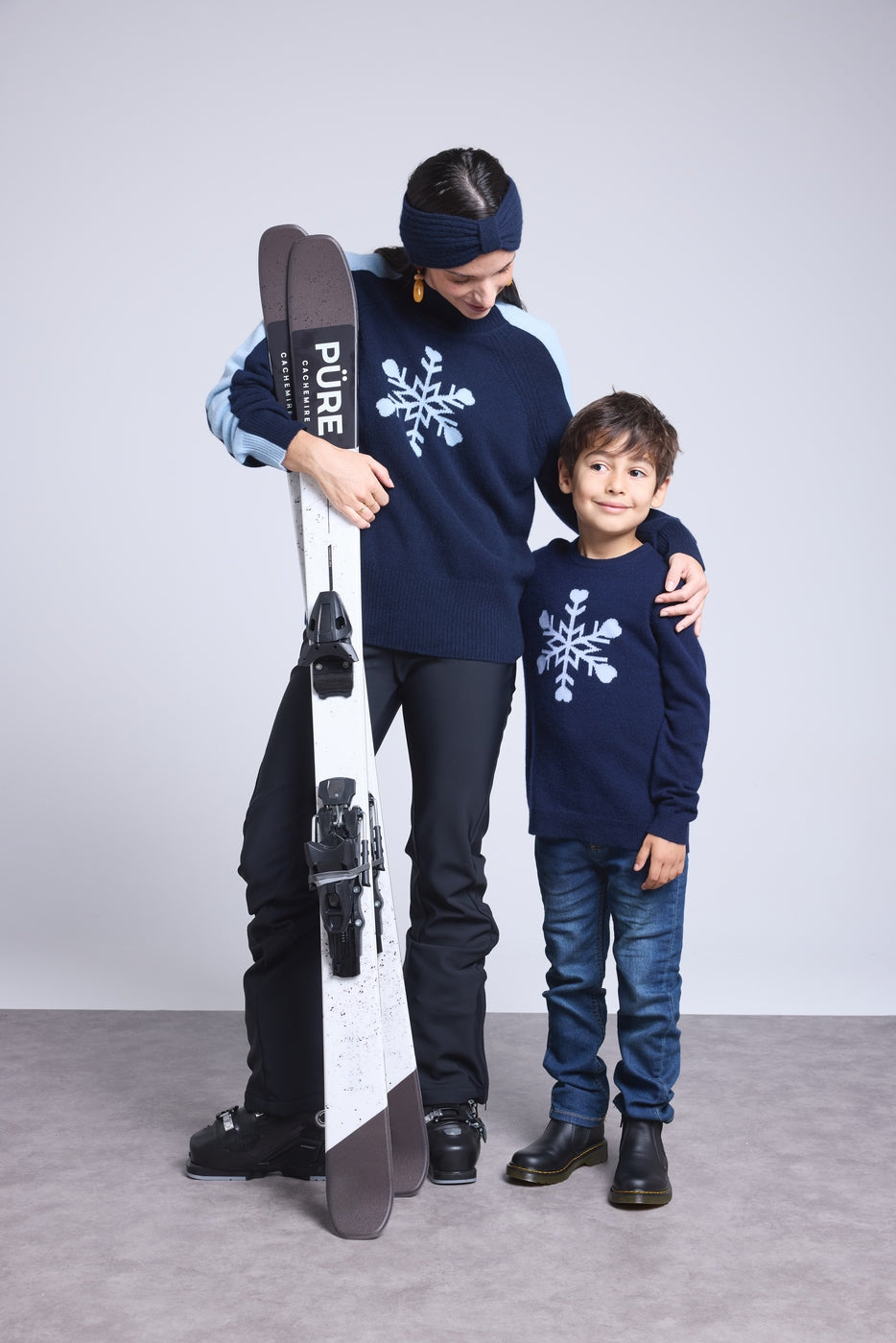 Pull Col Rond Gros Flocon Poirot - Bleu Marine Bleu Ciel - Enfant