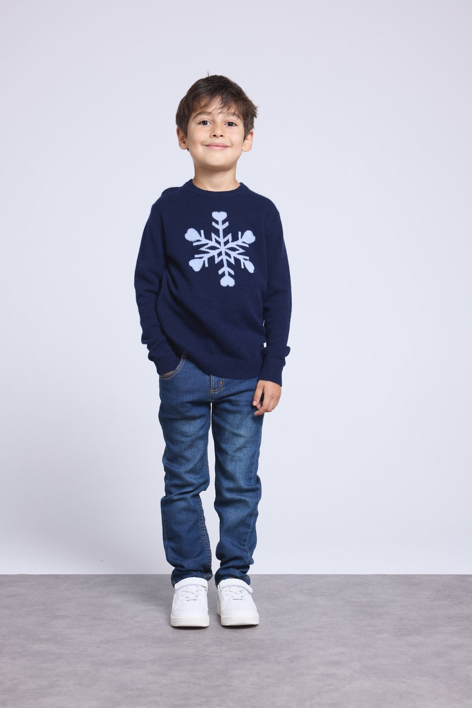 Pull Col Rond Gros Flocon Poirot - Bleu Marine Bleu Ciel - Enfant