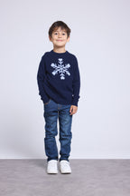 Pull Col Rond Gros Flocon Poirot - Bleu Marine Bleu Ciel - Enfant