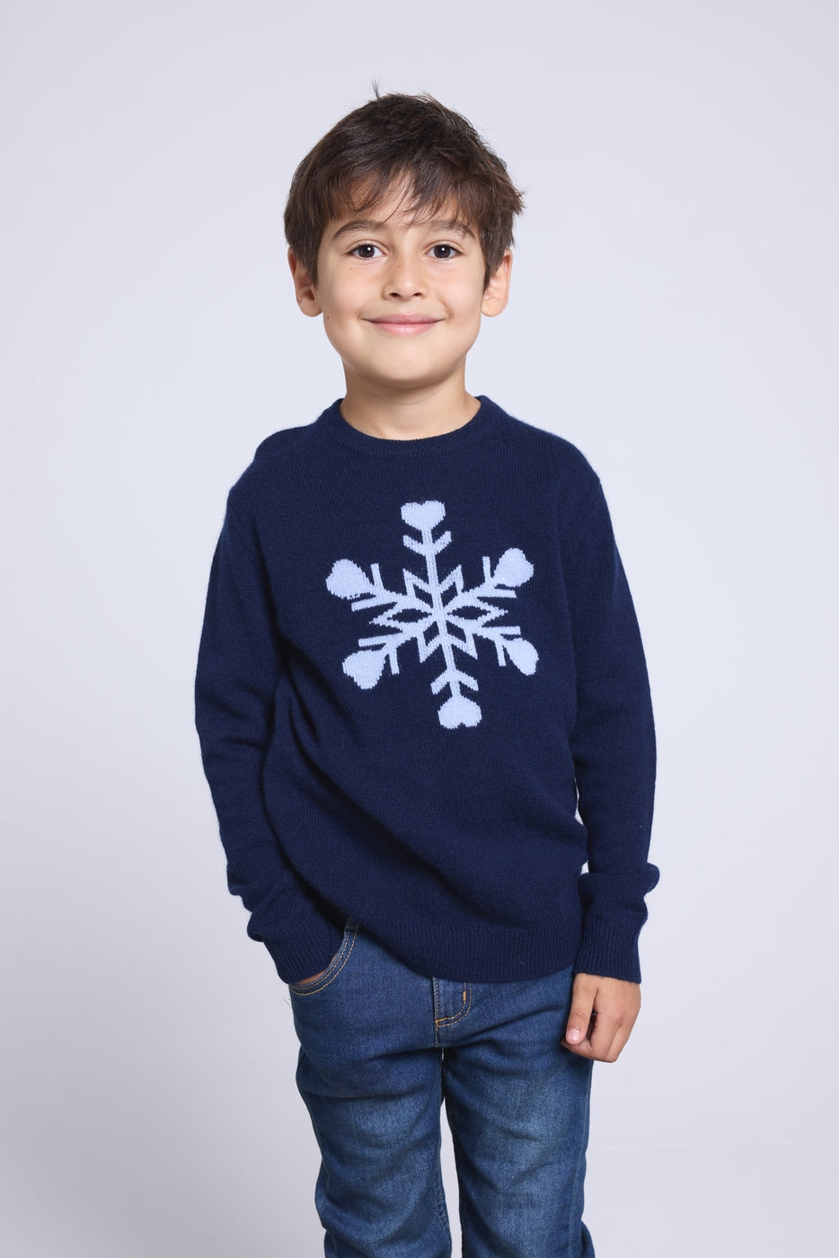 Pull Col Rond Gros Flocon Poirot - Bleu Marine Bleu Ciel - Enfant