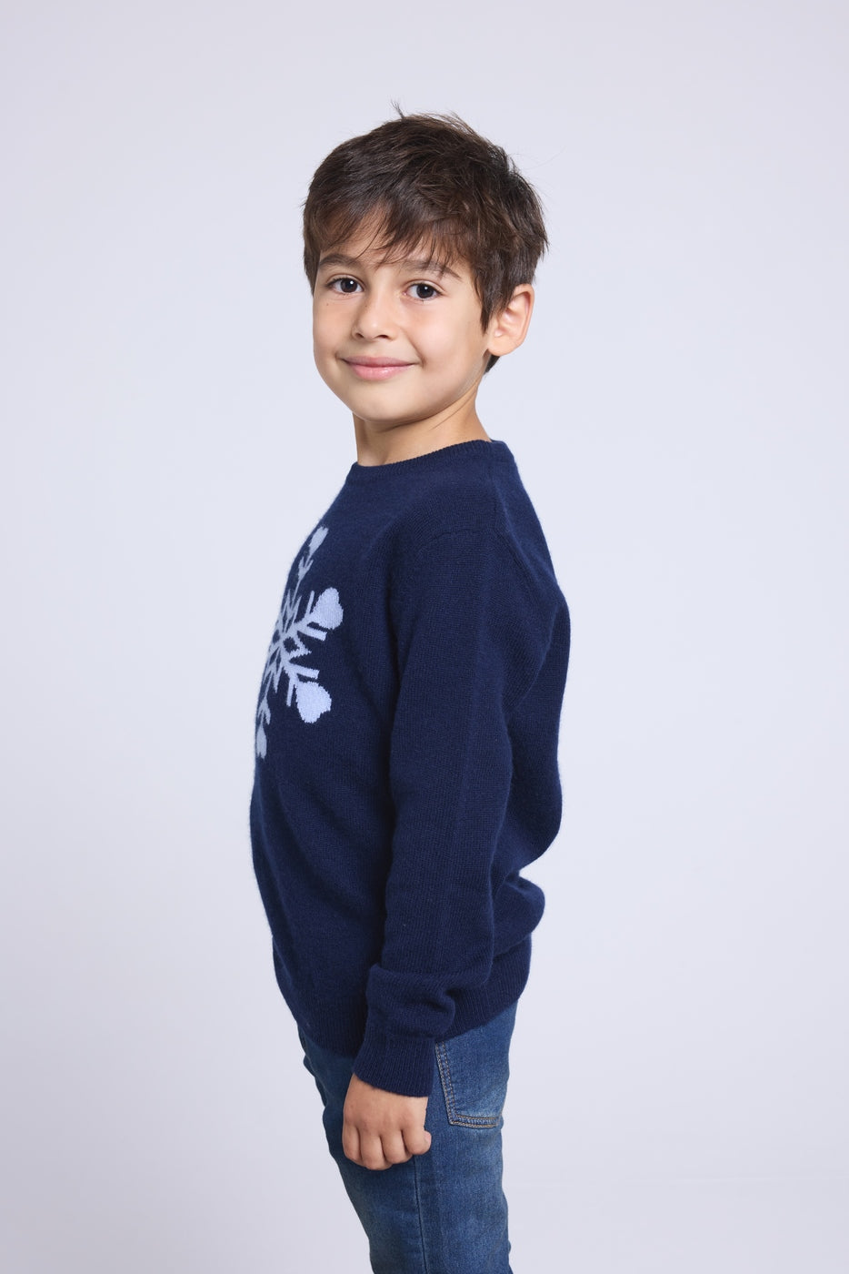 Pull Col Rond Gros Flocon Poirot - Bleu Marine Bleu Ciel - Enfant