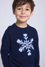 Pull Col Rond Gros Flocon Poirot - Bleu Marine Bleu Ciel - Enfant