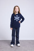 Pull Col Rond Gros Flocon Poirot - Bleu Marine Bleu Ciel - Enfant