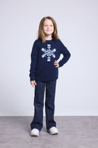 Pull Col Rond Gros Flocon Poirot - Bleu Marine Bleu Ciel - Enfant