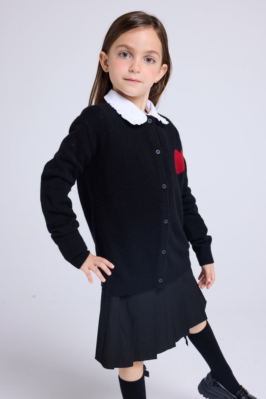 Polly Heart Crew-Neck Cardigan - Black Red
