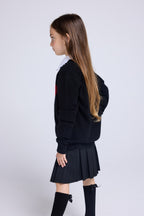 Polly Heart Crew-Neck Cardigan - Black Red