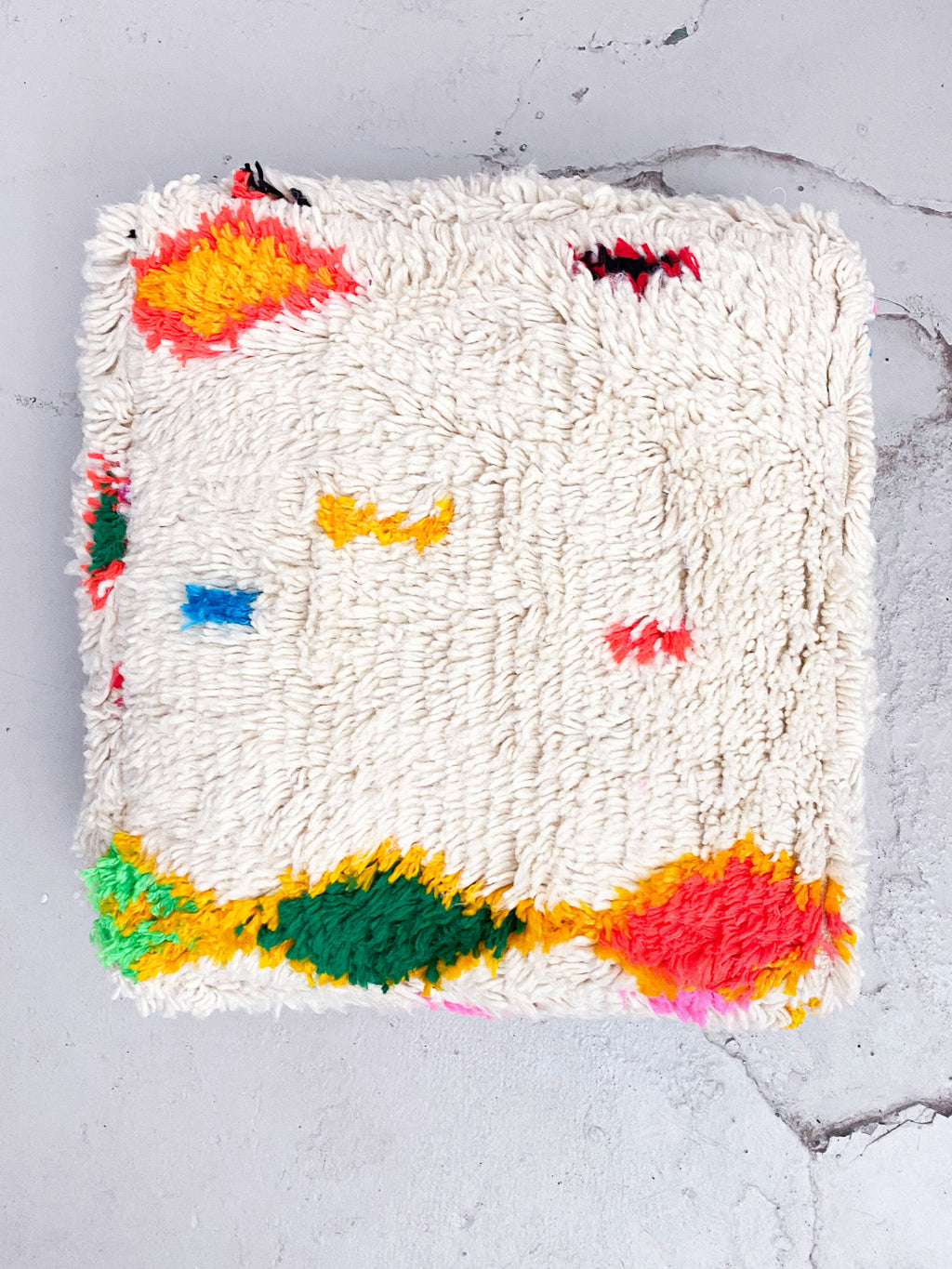 Ecru Moroccan Berber Pouffe with Colourful Patterns