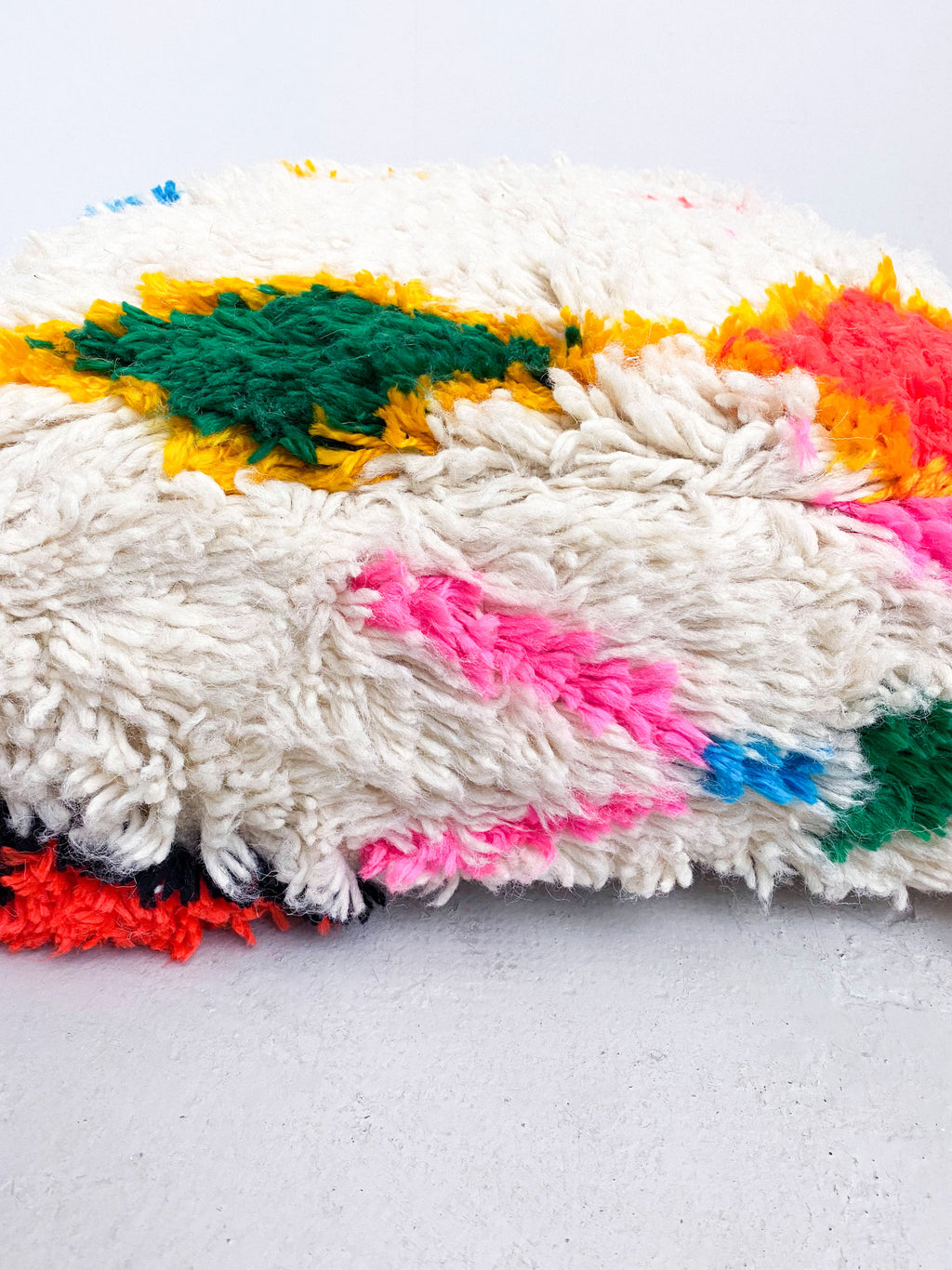 Ecru Moroccan Berber Pouffe with Colourful Patterns