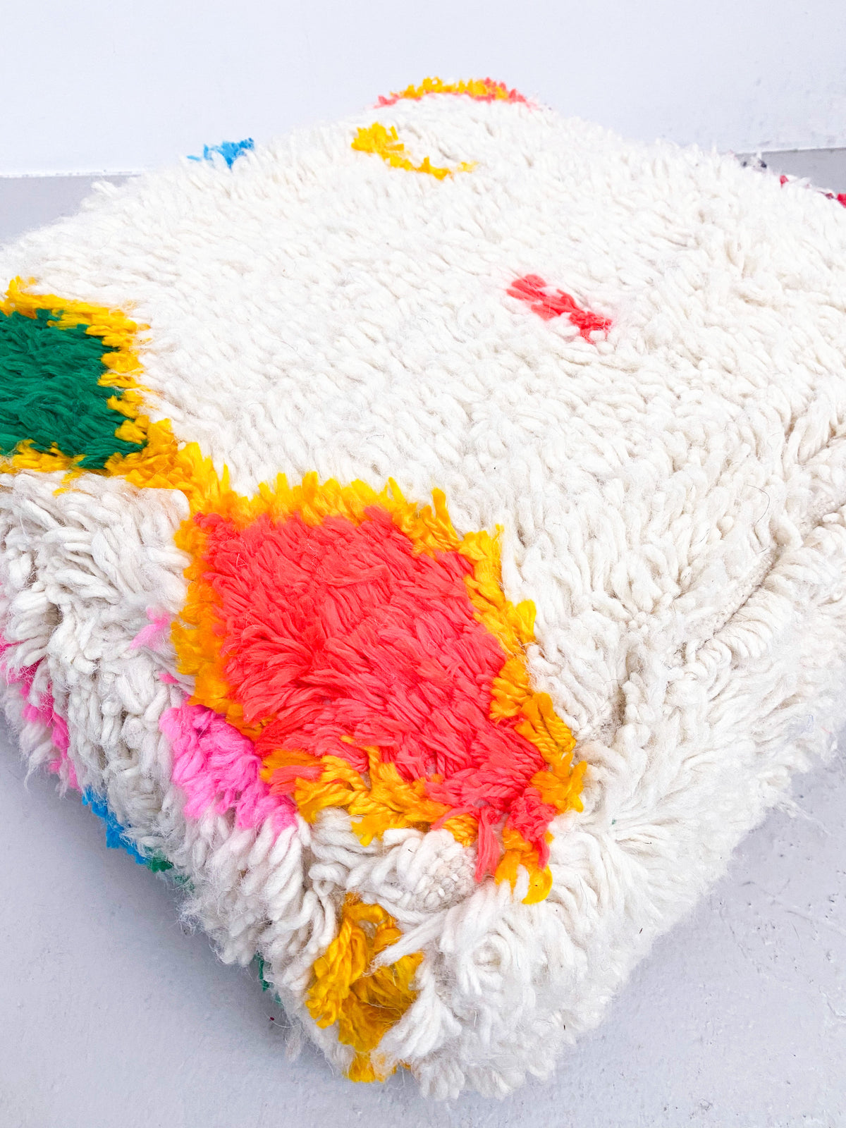 Ecru Moroccan Berber Pouffe with Colourful Patterns