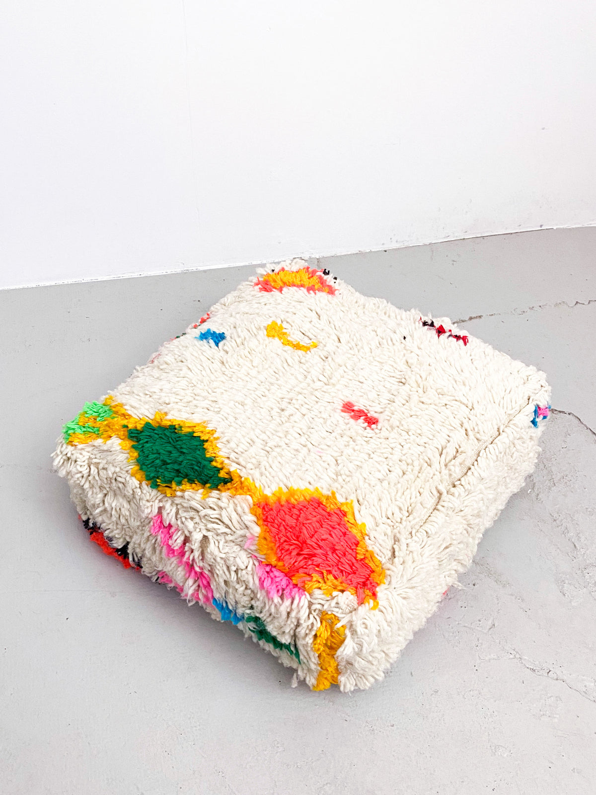 Ecru Moroccan Berber Pouffe with Colourful Patterns