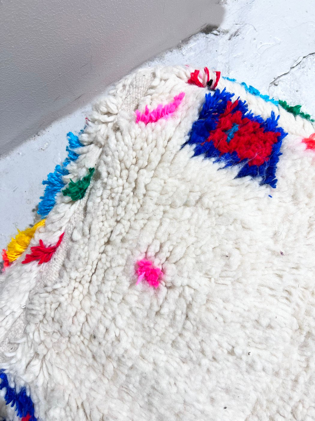 Ecru Moroccan Berber Pouffe with Colourful Patterns