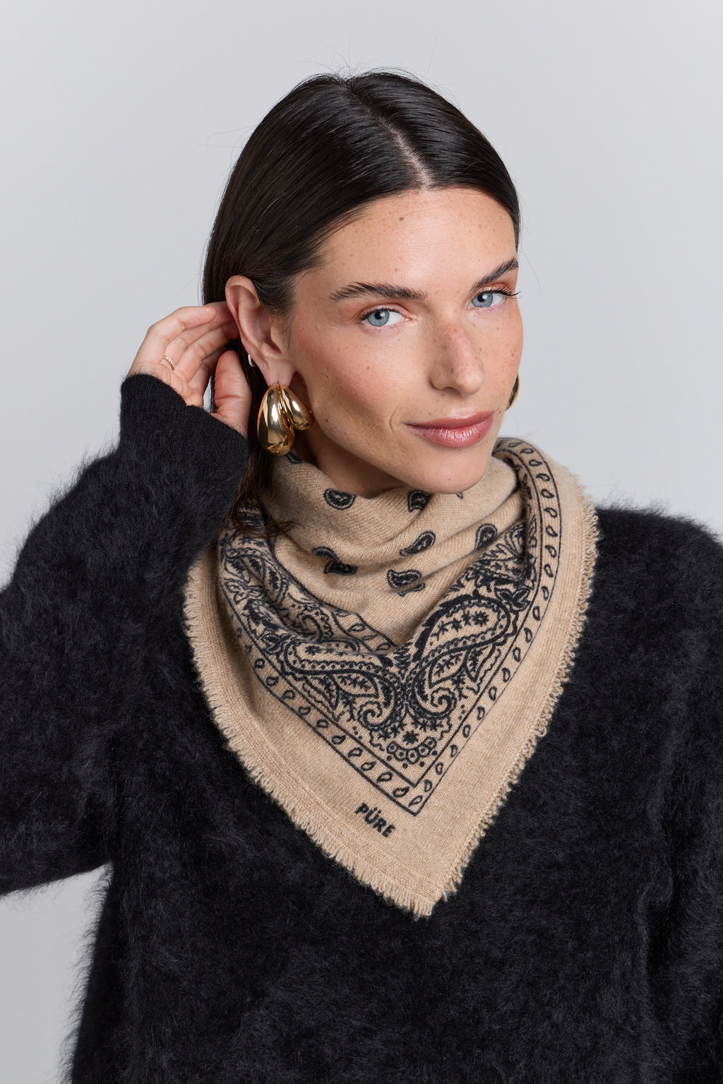 Pañuelo bandana Presley de cachemira - Beige y negro - Unisex