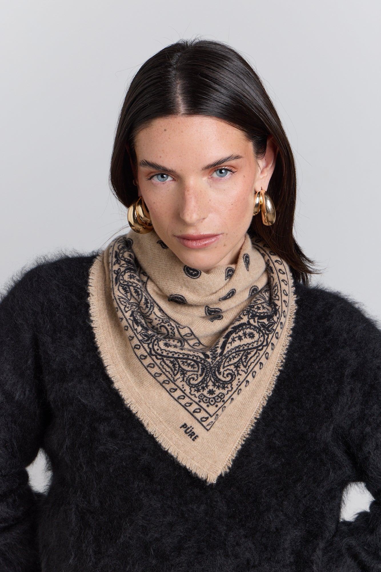 Pañuelo bandana Presley de cachemira - Beige y negro - Unisex
