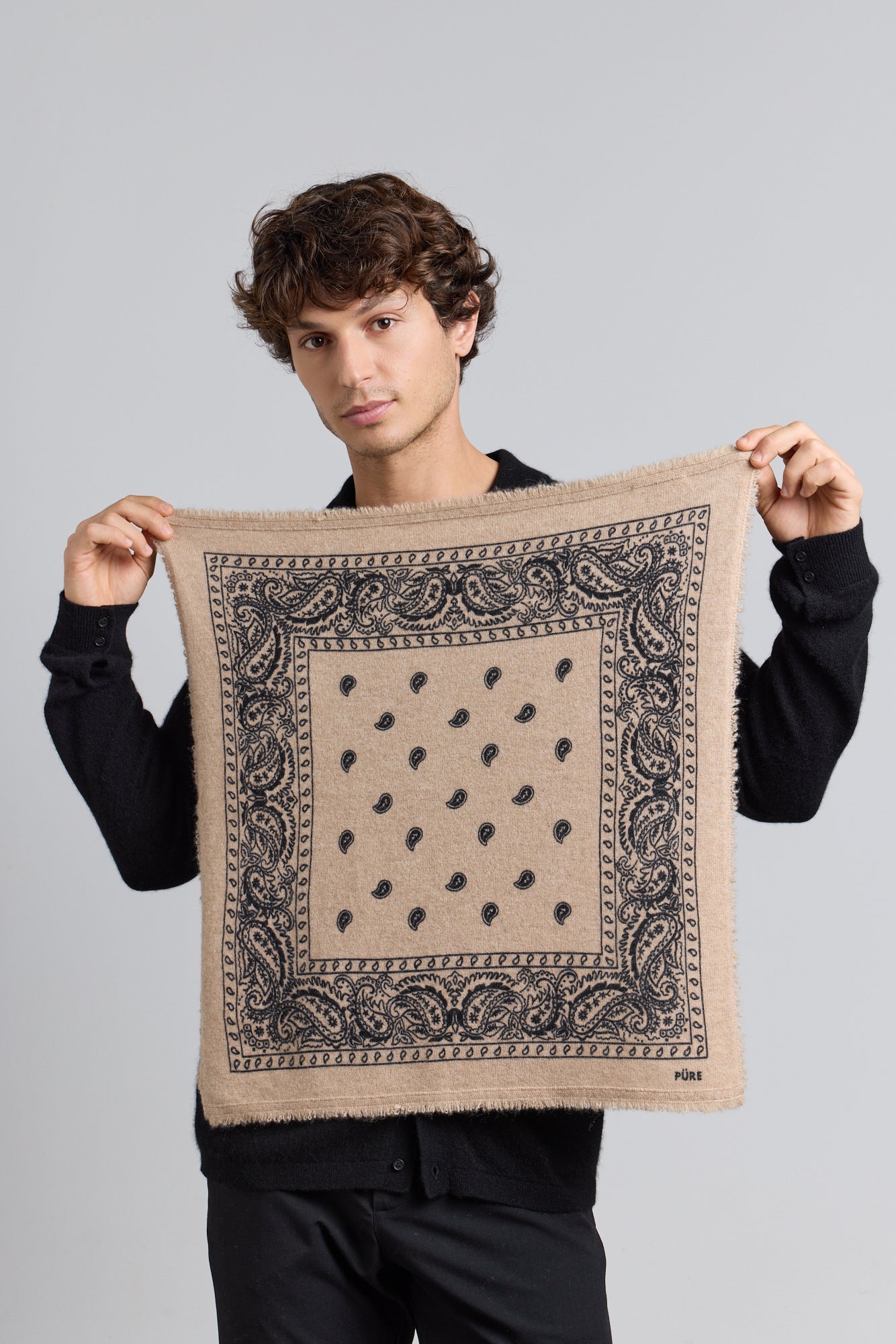 Pañuelo bandana Presley de cachemira - Beige y negro - Unisex