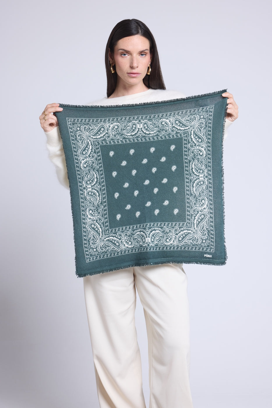 Echarpe Bandana Atlas Presley En Cachemire - Vert Bouteille & Blanc - Mixte