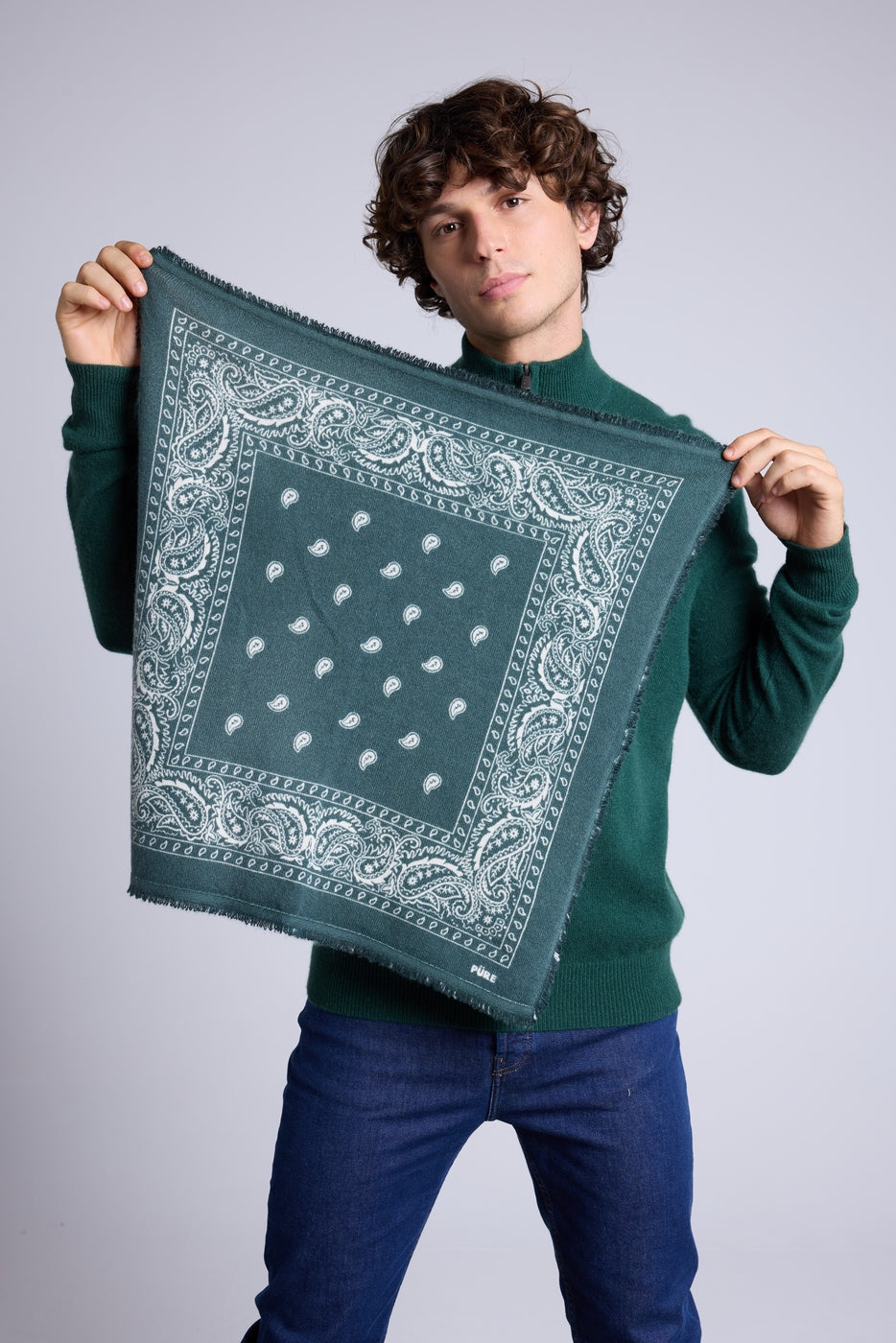 Echarpe Bandana Atlas Presley En Cachemire - Vert Bouteille & Blanc - Mixte