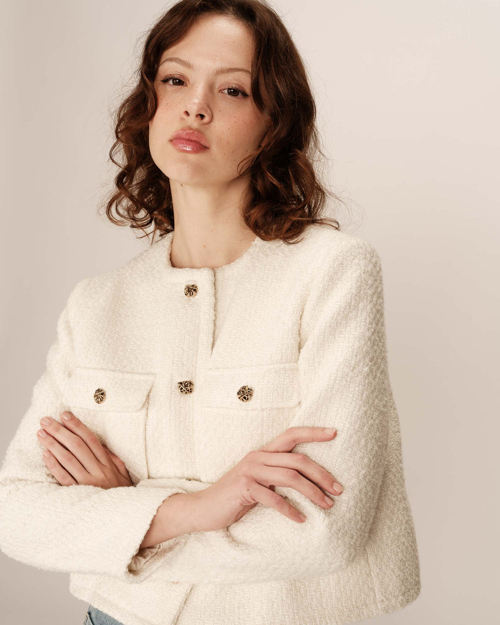 Veste Courte Sans Col Ecru Prune